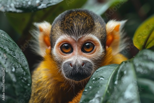 Close-up of a squirrel monkey with large eyes among green leaves in a natural setting photo