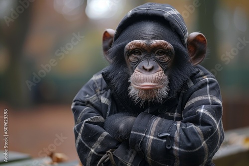 A thoughtful monkey in a black winter coat sits against a blurred background, face hidden photo