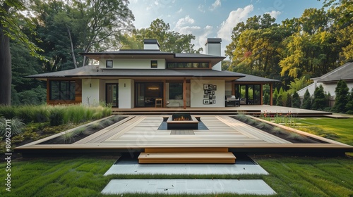 Rear view of a craftsman house with a large deck leading to a garden that features a central art sculpture. photo