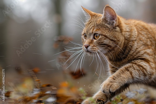 An orange tabby cat with striking eyes focused on something invisible in the autumn background