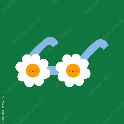 Cute Cartoon Glasses with Lovely Flowers in Clip Art on a Green Backdrop