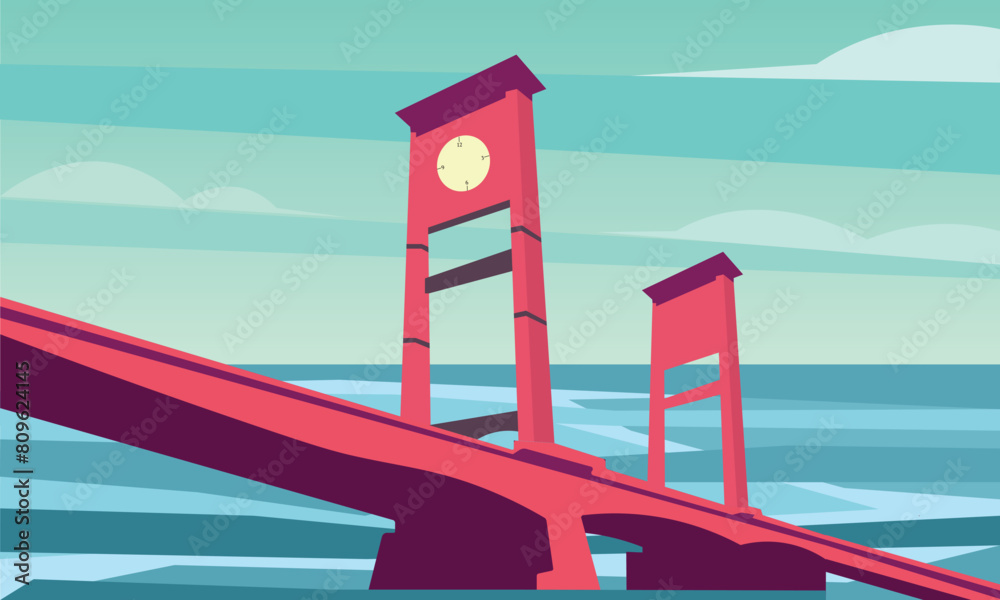Vector illustration of Ampera Bridge: iconic landmark of Palembang. Graphic style, silhouette over Musi River, evokes historic cityscape Vector illustration of Ampera Bridge: iconic landmark of Palembang. Graphic style, silhouette over Musi River, evokes historic cityscape