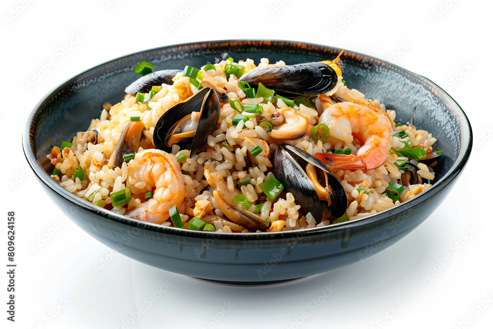 a bowl of rice with shrimp and musselling a bowl of rice with shrimp and musselling