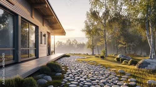 Morning glow casts a soft light on a Craftsman house with a cobblestone pathway, side angle.