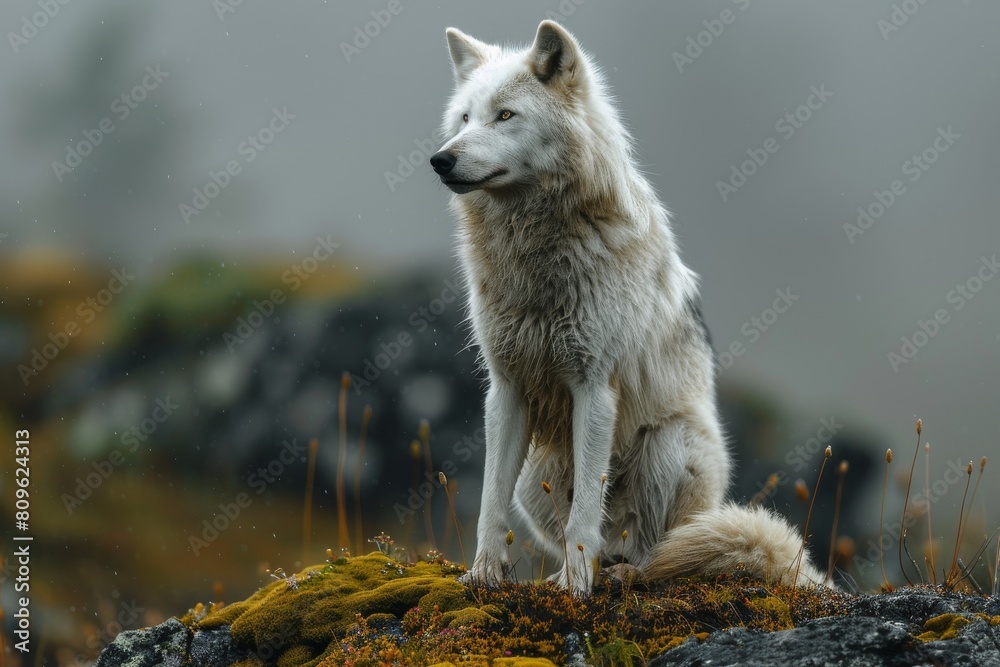Obraz premium Amidst a moody backdrop, a white wolf exudes strength as it stands proudly on a moss-clad stone formation