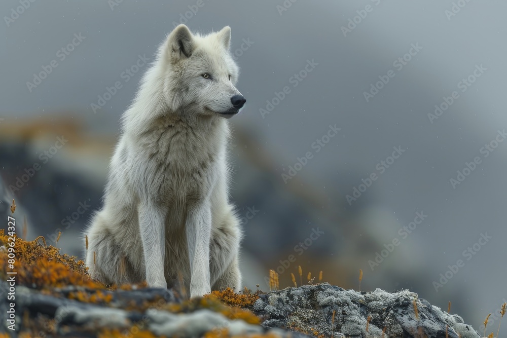 Obraz premium This evocative image captures a thoughtfully poised white wolf sitting amidst a rocky landscape under a moody grey sky