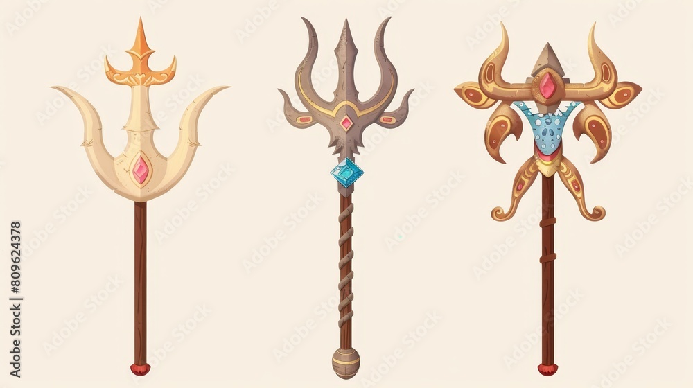For game UI design, Poseidon or Neptune's magic trident. Fantasy wooden and metal pitchfork decorated with gem stones. Mythology nautical weapon.
