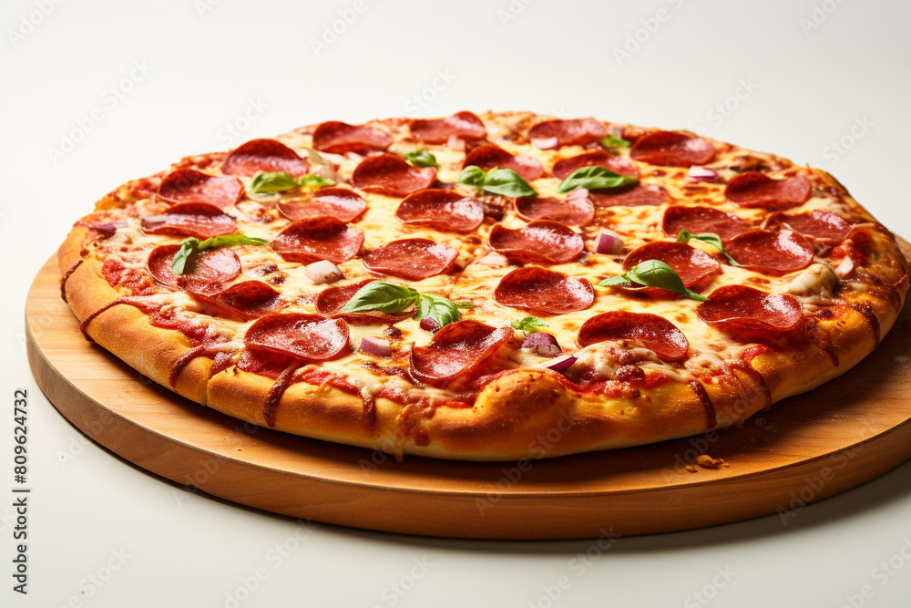 Cheesy pizza with bubbling mozzarella and pepperoni slices, on a clean white surface