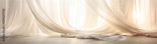 Flowing curtains framing a sunlit window, sheer fabric on a white background for a soft, dreamy effect