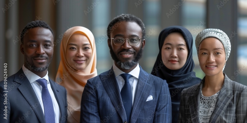Obraz premium Successful multiethnic business team group,Successful Multinational Business Team Collaboration. Middle Eastern, British, American, Chinese, and African Professionals. 4K HD Wallpaper.