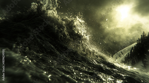 A dark and stormy ocean with a wave crashing