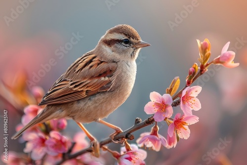 Charming sparrow perched on a flowering branch, with the soft light of dawn creating a picturesque, serene scene © Larisa AI