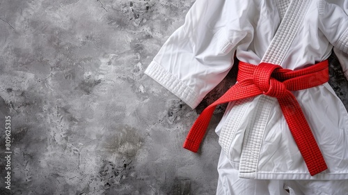 Red karate belt and white kimono on gray textured background with room for text seen from above photo