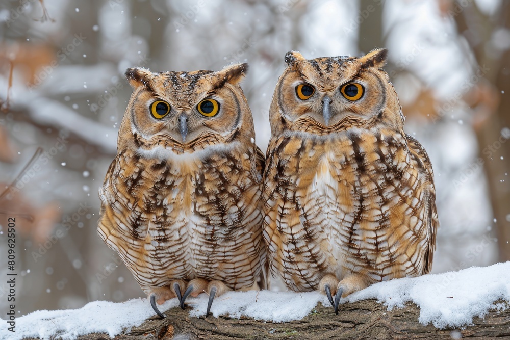Two great horned owls with vivid eyes and detailed feathers sitting on a snowy branch, emphasizing their winter adaptability Two great horned owls with vivid eyes and detailed feathers sitting on a snowy branch, emphasizing their winter adaptability