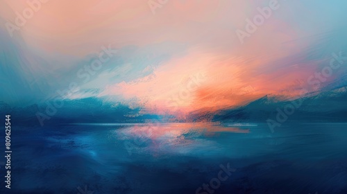 A hazy image of a lake surrounded by trees  with the sun reflecting in the water. The sky is a mix of tints and shades  creating a natural landscape with an electric blue hue AIG50