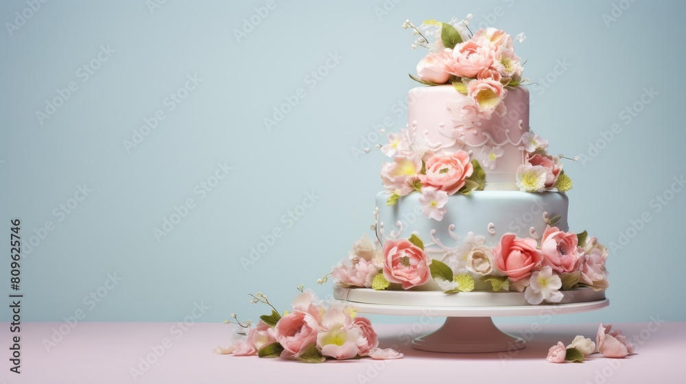 Multi-Tiered Wedding Cake Adorned With Pink And White Floral Decorations. Generative AI Multi-Tiered Wedding Cake Adorned With Pink And White Floral Decorations. Generative AI