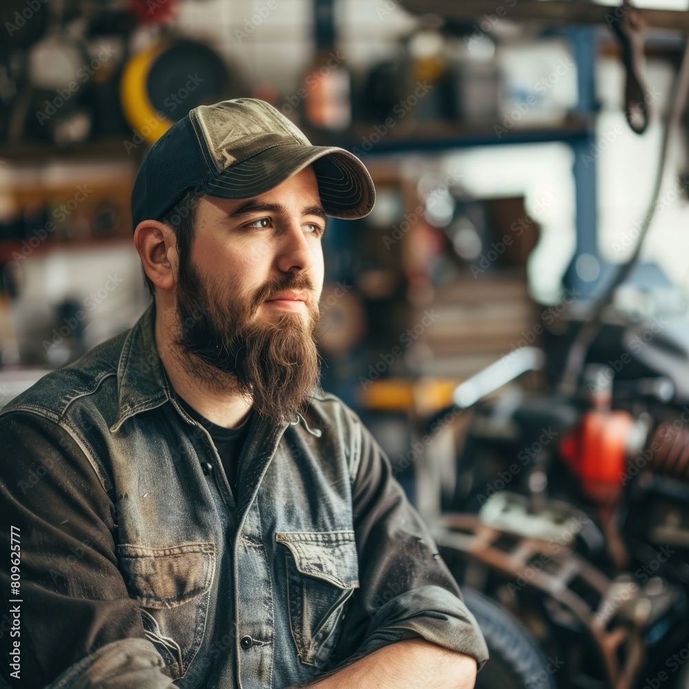 A mechanic in a garage explaining car maintenance, with tools and car parts softly blurred in the background. A mechanic in a garage explaining car maintenance, with tools and car parts softly blurred in the background.