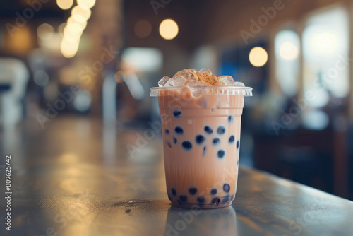 Homemade Milk Bubble Tea with Tapioca Pearls on wooden table photo