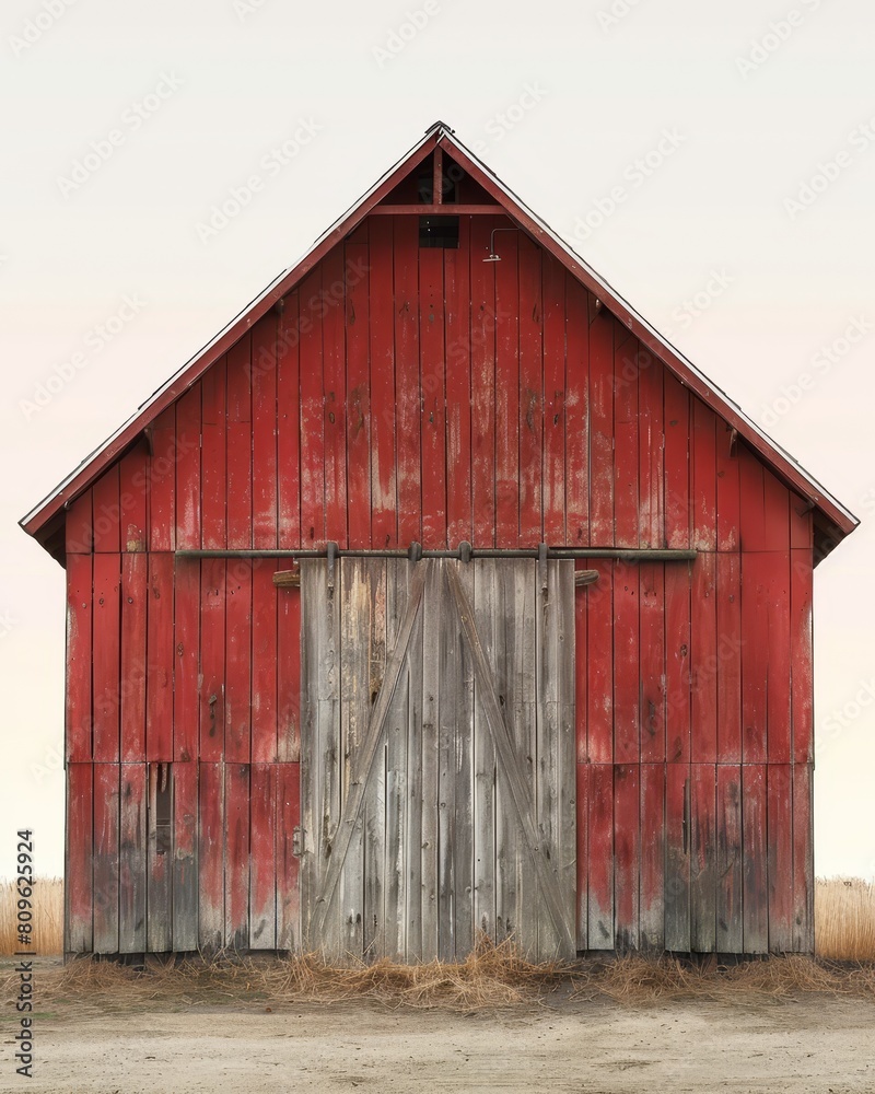 A weathered red barn stands in a rural field, showcasing its rustic charm with wooden planks and large barn doors with a copy space above.