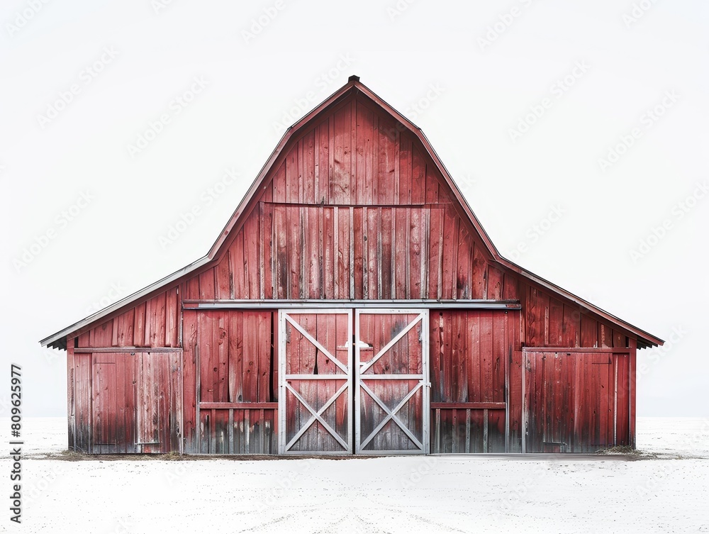 A weathered red barn stands in a rural field, showcasing its rustic charm with wooden planks and large barn doors.