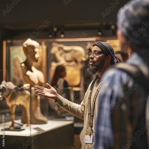 A tour guide in a museum explaining an artifact, with other exhibits softly blurred behind. 