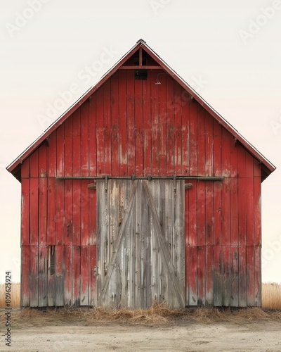 A weathered red barn stands in a rural field, showcasing its rustic charm with wooden planks and large barn doors with a copy space above.