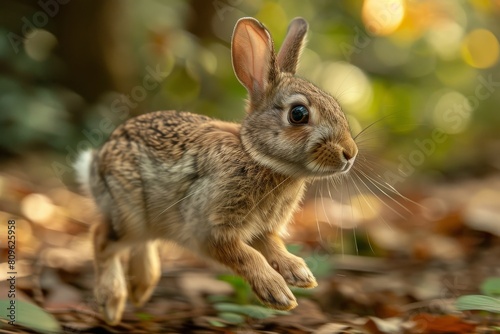 A wary rabbit leaps across the forest floor, dappled sunlight highlighting the agility and vigilance of wildlife