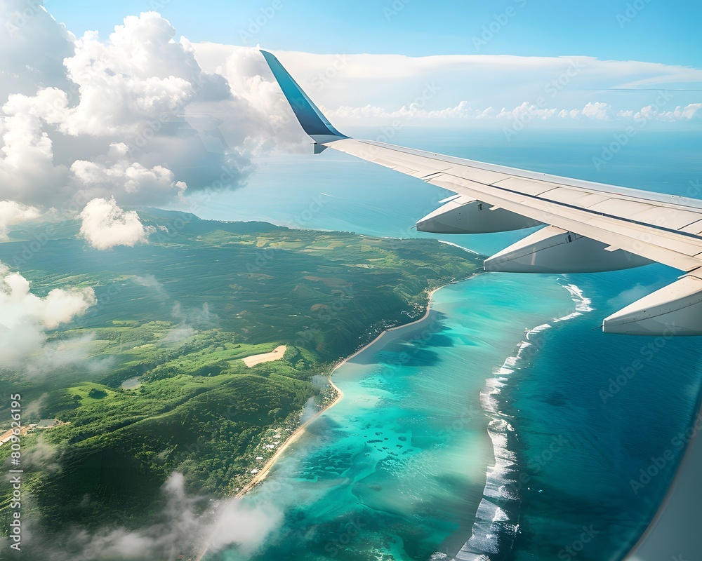 View from a plane window of a wing over an island with turquoise ocean, white clouds in the blue sky