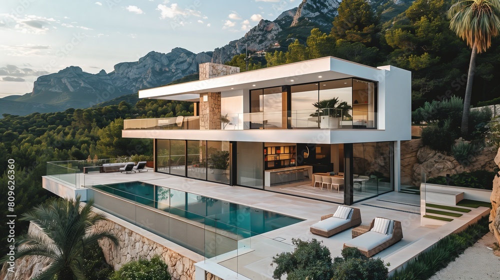 Fototapeta premium White house with a pool, surrounded by trees, under a cloudy sky