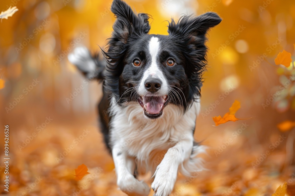 A joyful Border Collie dog with a black and white coat running playfully among the falling leaves in a park, capturing its happiness and energy A joyful Border Collie dog with a black and white coat running playfully among the falling leaves in a park, capturing its happiness and energy