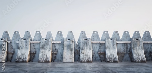 Row of aged concrete anti-tank obstacles against a clear sky with copy space for text.