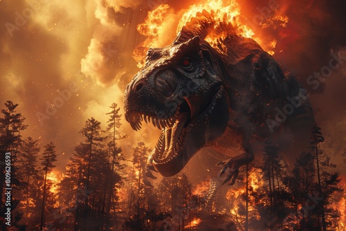 A dramatic scene depicting a mighty Tyrannosaurus Rex roaring with a backdrop of blazing flames and dark  smoky forest