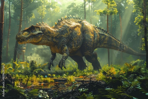 Dramatic depiction of a Carnotaurus emerging from the mist in lush  prehistoric woodlands  conveying power and ancient wildness