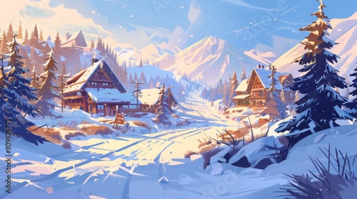 Illustration of a winter snow road on a mountain ski resort landscape. Christmas tree on the hill and a road through an icy alpine forest. A cabin hotel in an icy northern forest illustration.