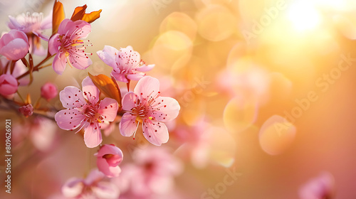 Beautiful cherry blossoms, flower blossom on a soft sun light. Generative AI illustration 