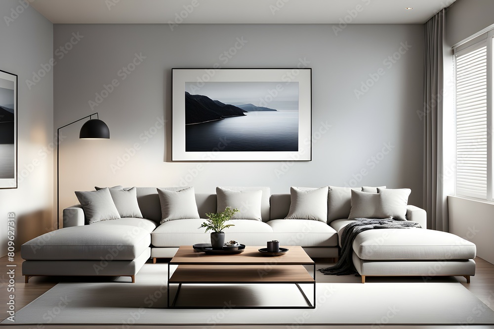 Fototapeta premium Minimalist living room. furniture has a modern and minimalist design, with a sofa