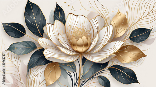 Abstract art background vector. Luxury minimal style wallpaper with golden line art flower and botanical leaves, Organic shapes, Watercolor. Vector background for banner, poster, Web and packaging.