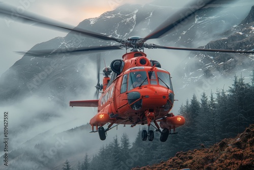 Search and rescue helicopter in flight amidst misty mountainous landscape, suggesting urgency