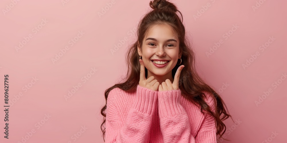 Radiant young girl making a heart symbol with her hands while wearing a vibrant pink sweater Radiant young girl making a heart symbol with her hands while wearing a vibrant pink sweater