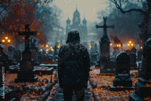A solitary person contemplates amidst falling snow in a peaceful yet melancholic graveyard scene photo