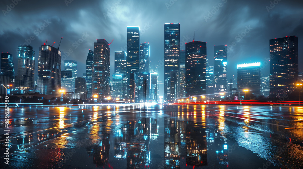 city skyline at night with reflection