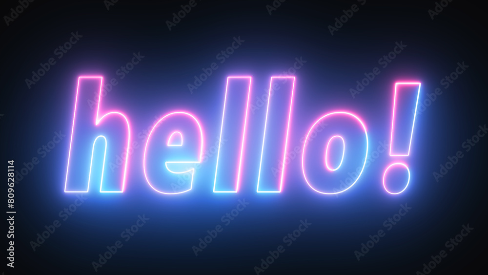Hello text font with light. Luminous and shimmering haze inside the letters of the text Hello. Hello neon sign. Hello text font with light. Luminous and shimmering haze inside the letters of the text Hello. Hello neon sign.