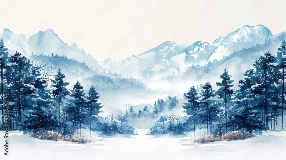 Winter forest with fog in the foreground. Watercolor illustration