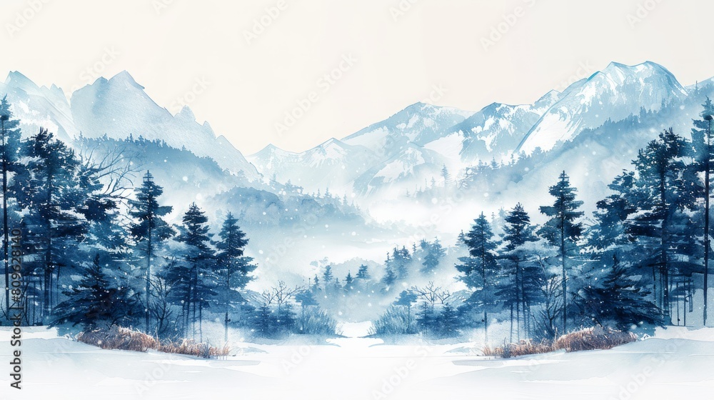 Obraz premium Winter forest with fog in the foreground. Watercolor illustration