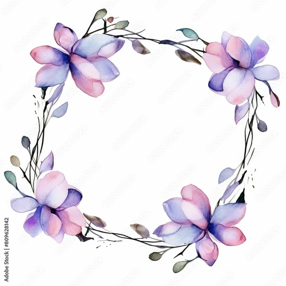 magnolia themed frame or border for photos and text. purple and blue blooms.. watercolor illustration, Wedding Invitation, floral invite card, olive floral and magnolia frame print. magnolia themed frame or border for photos and text. purple and blue blooms.. watercolor illustration, Wedding Invitation, floral invite card, olive floral and magnolia frame print.
