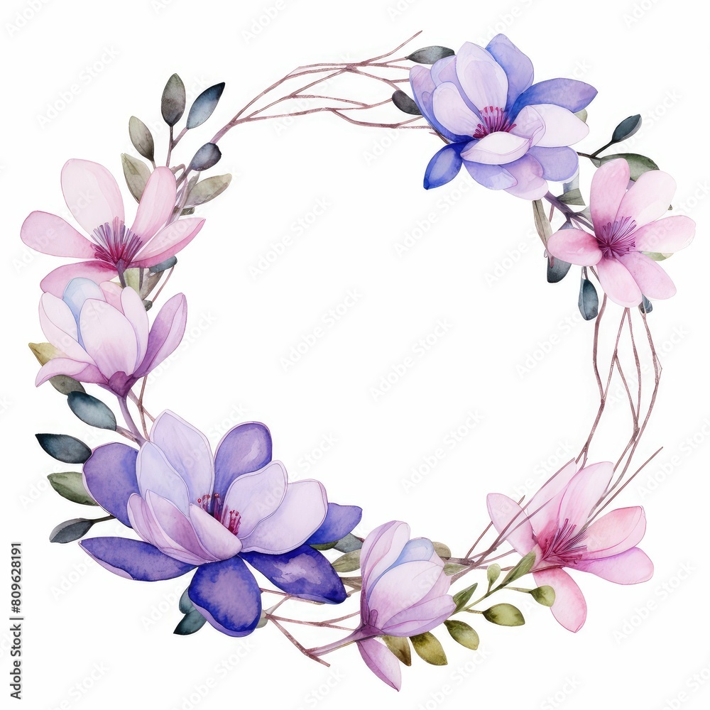 magnolia themed frame or border for photos and text. purple and blue blooms.. watercolor illustration, Wedding Invitation, floral invite card, olive floral and magnolia frame print. magnolia themed frame or border for photos and text. purple and blue blooms.. watercolor illustration, Wedding Invitation, floral invite card, olive floral and magnolia frame print.