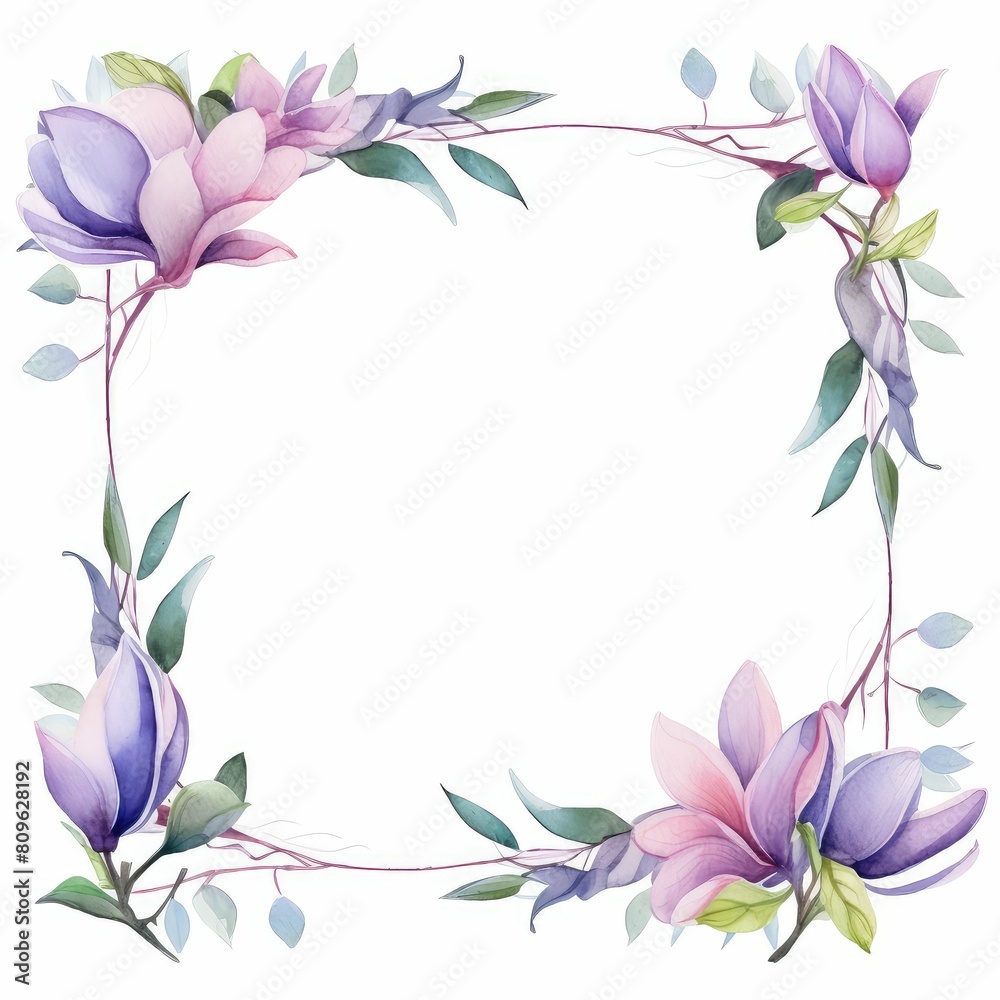 Fototapeta premium magnolia themed frame or border for photos and text. purple and blue blooms.. watercolor illustration, Wedding Invitation, floral invite card, olive floral and magnolia frame print.