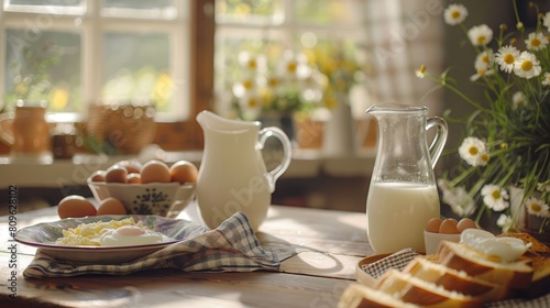 Wallpaper Mural Dairy products and eggs on a table. Healthy fresh farm food background: milk, cheese, eggs. Rustic breakfast concept Torontodigital.ca