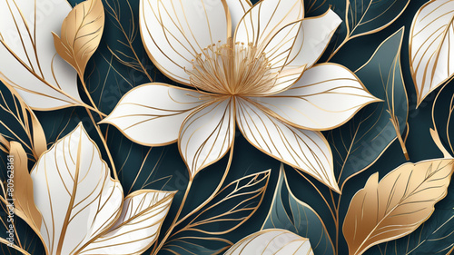 Abstract art background vector. Luxury minimal style wallpaper with golden line art flower and botanical leaves, Organic shapes, Watercolor. Vector background for banner, poster, Web and packaging.