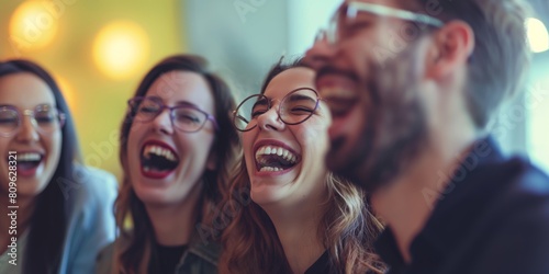 A close-up image capturing the genuine laughter and joy of a group of young adults wearing glasses